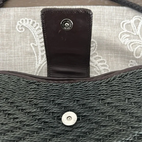 Brighton EUC Raffia Green Woven/Brown Leather Shoulder Bag - Picture 12 of 16